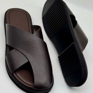 Brown Cross-Strap Leather Slides
